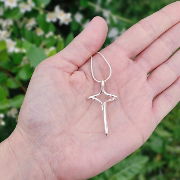 Sterling Silver Cross Necklace Womens L Floating Pendant Christian Minimalist - Picture 5 of 7